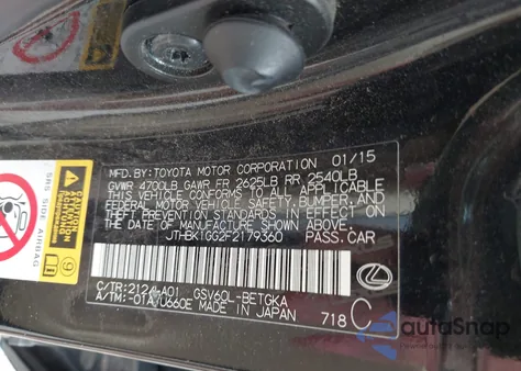 2015 Lexus Es 350 from USA, damaged, VIN JTHBK1GG2F2179360